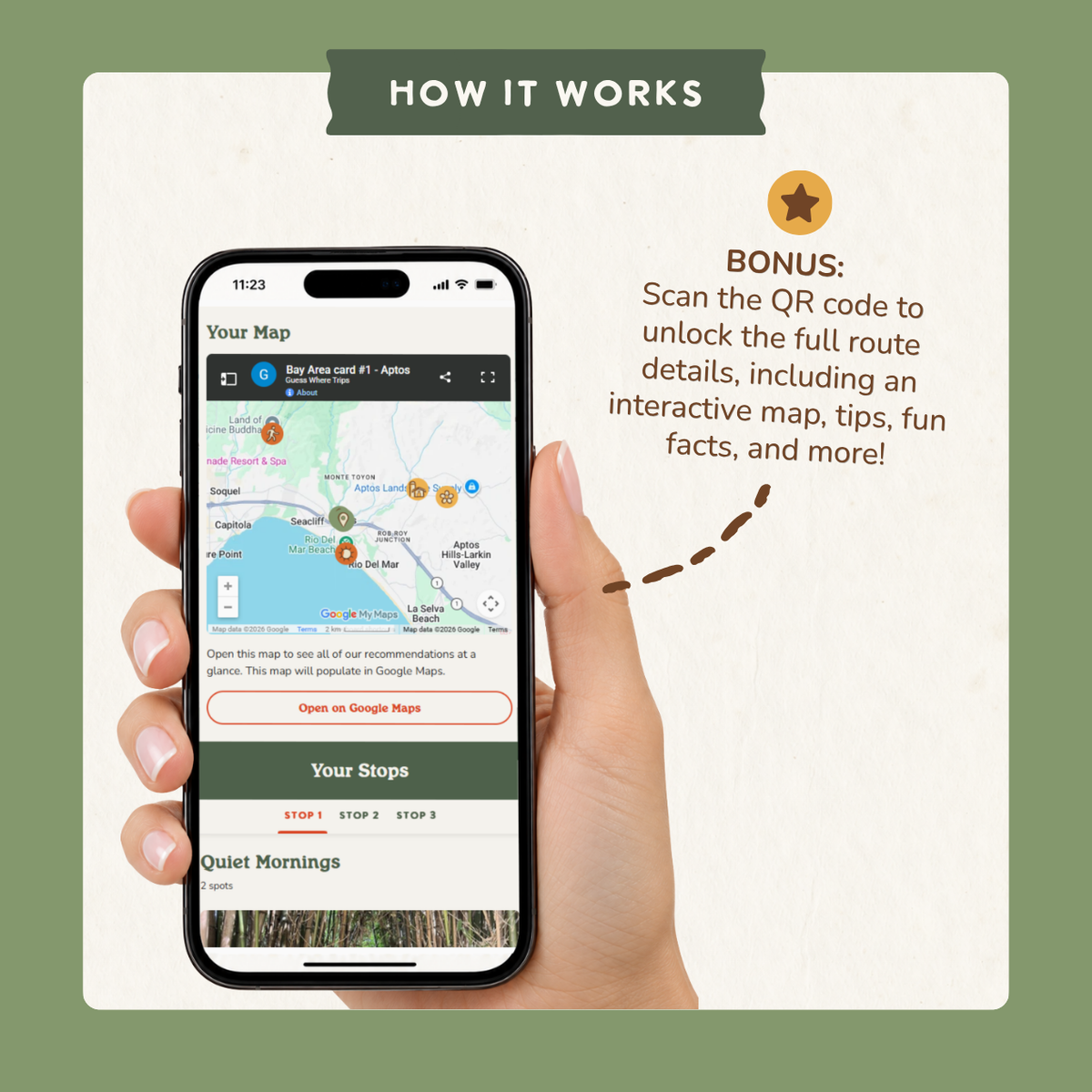 Bonus: scan the QR code to open an interactive trip map on your phone with route details, tips and fun facts.