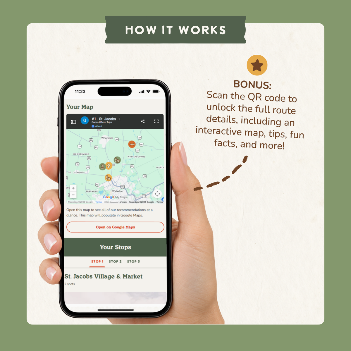 Bonus: scan the QR code to open an interactive trip map on your phone with route details, tips and fun facts.