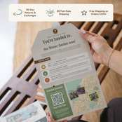 Hands holding an open itinerary card. Banner reads: 30-day returns and exchanges, $8 flat-rate shipping, free shipping on orders $100+.