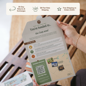 Hands holding an open itinerary card. Banner reads: 30-day returns and exchanges, $8 flat-rate shipping, free shipping on orders $100+.