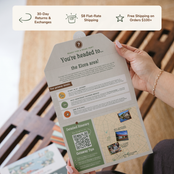 Hands holding an open itinerary card. Banner reads: 30-day returns and exchanges, $8 flat-rate shipping, free shipping on orders $100+.
