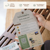 Hands holding an open itinerary card. Banner reads: 30-day returns and exchanges, $8 flat-rate shipping, free shipping on orders $100+.