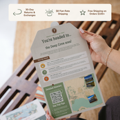 Hands holding an open itinerary card. Banner reads: 30-day returns and exchanges, $8 flat-rate shipping, free shipping on orders $100+.