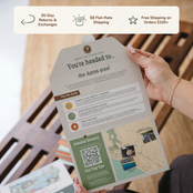 Hands holding an open itinerary card. Banner reads: 30-day returns and exchanges, $8 flat-rate shipping, free shipping on orders $100+.