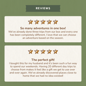 Two 5-star customer reviews: "So many adventures in one box!" and "The perfect gift!"