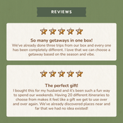Two 5-star customer reviews: "So many getaways in one box!" and "The perfect gift!"