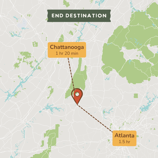 A map-style graphic showing an end destination with a red pin marker near Chattanooga, with route lines pointing to Chattanooga (1 hr 20 min) and Atlanta (1.5 hr) on a light gray and green map background.