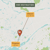 A map-style destination graphic showing a location between Kingston and Ottawa, with a pin marker and dashed line. Text labels read 'END DESTINATION,' 'Ottawa 1 hr 40 min,' and 'Kingston 45 min' on a pale map background.