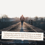 A person with a backpack walks away on a railway track toward a bright sunrise, with a quote overlaid at the bottom: 'Interesting to read the haunted stories in our packagel! Will definitely return to some of the places we visited, and can't wait to enjoy another Guess Where adventure.'.