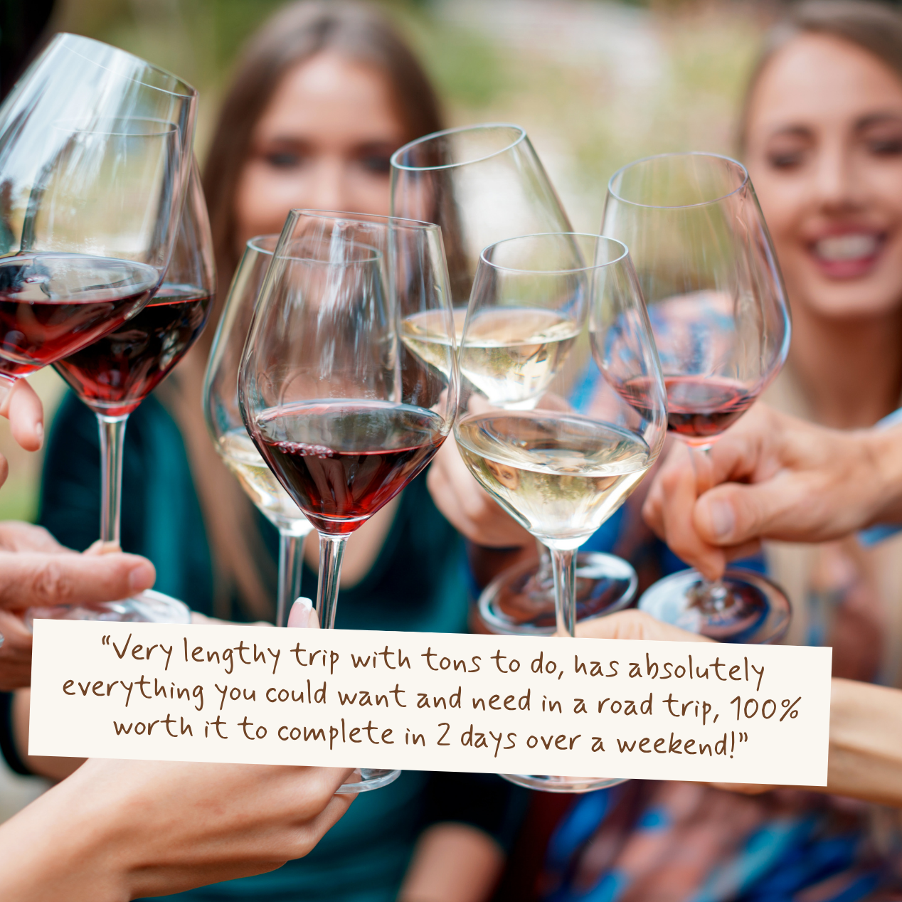 A group of people holding wine glasses filled with red and white wine, with a humorous travel review text overlay at the bottom.