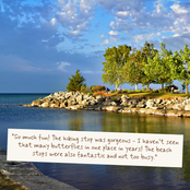 A scenic photograph of a rocky shoreline with calm water, trees, and a blue sky, overlaid with a white text box containing a customer review quote.