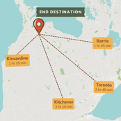 A map-style destination graphic showing an end point marked with a red pin, with dashed lines and labeled callouts to Kincardine, Barrie, Toronto, and Kitchener, each with estimated travel times.