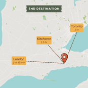 A stylized map graphic with a red location pin near Toronto, showing three labeled destination options: Toronto 2 hr, Kitchener 1.5 hr, and London 1 hr 45 min, with the heading 'END DESTINATION' at the top.