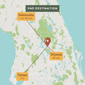 A stylized map graphic showing an end destination with labeled locations: Gainesville 1 hr 50 min, Orlando 45 min, and Tampa 2 hr, connected by dashed brown lines to a central pin on a pale map background.
