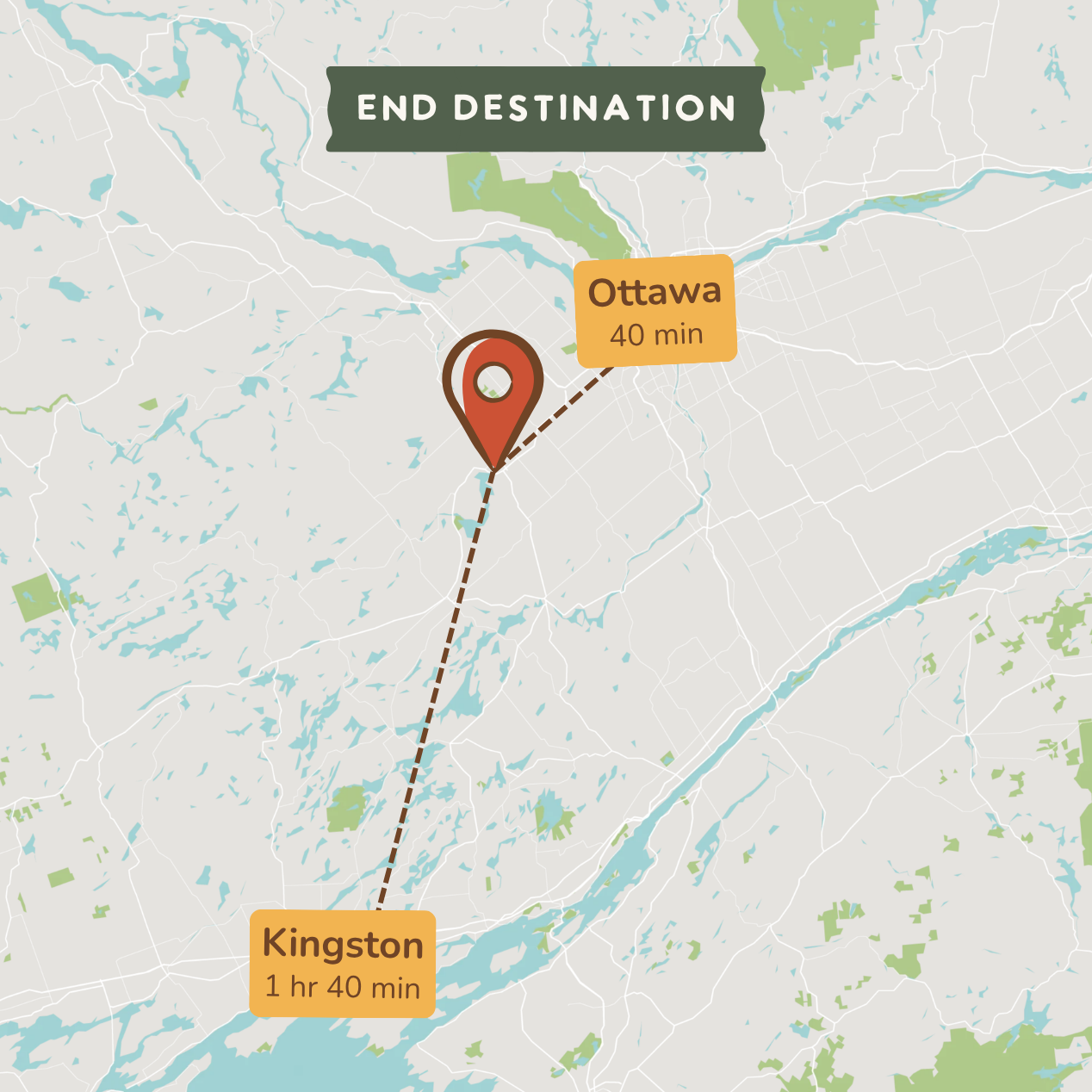 A map-style destination graphic showing a red pin near Ottawa with a dashed line leading to Kingston, labeled 'END DESTINATION' at the top, 'Ottawa 40 min', and 'Kingston 1 hr 40 min'.