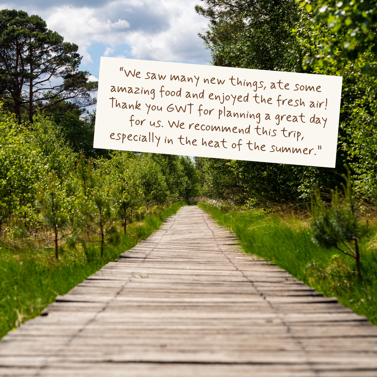 A handwritten note with brown ink is shown on a white background, superimposed over a scenic photograph of a wooden boardwalk path winding through a lush green forest under a cloudy sky.