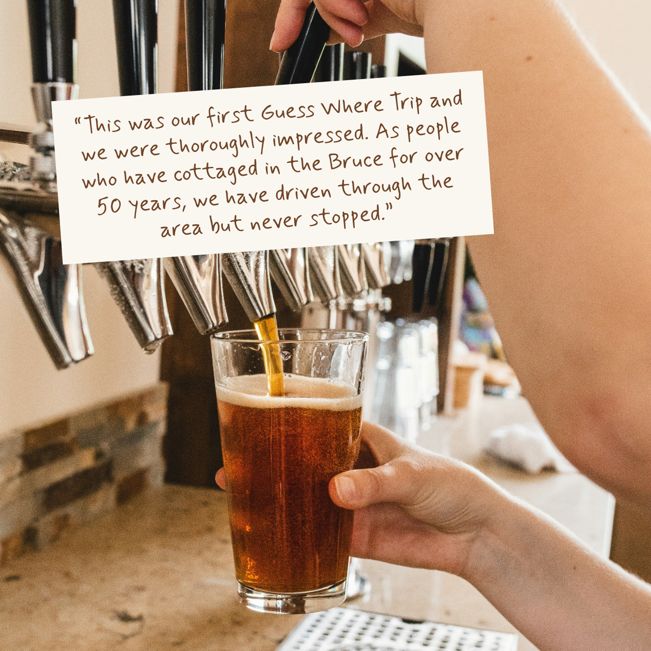 A person holds a pint of amber beer under a draft tap, with a handwritten note overlaid near the top. The scene appears to be in a bar or pub environment.