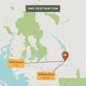 A stylized map graphic showing an end destination marked with a red pin, with labeled callouts for Vancouver (2 hr) and Abbotsford (45 min) connected by a dashed route line.