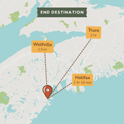 A map-style destination graphic showing a location near Wolfville and Halifax with travel times labeled: Wolfville 1.5 hr, Halifax 1 hr 10 min, and Truro 2 hr.