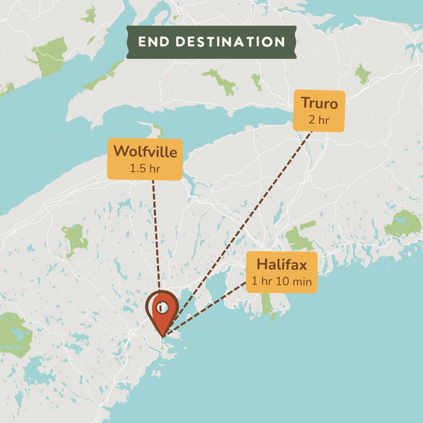 A map-style destination graphic showing a location near Wolfville and Halifax with travel times labeled: Wolfville 1.5 hr, Halifax 1 hr 10 min, and Truro 2 hr.