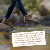 A person wearing brown lace-up hiking boots and dark blue jeans walking on a rock in a stream, with a cream-colored text card overlaid in the lower right containing a customer review quote.