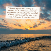 A sunset seascape with ocean waves in the foreground and a white text box overlaid with a customer review quote praising a package experience.