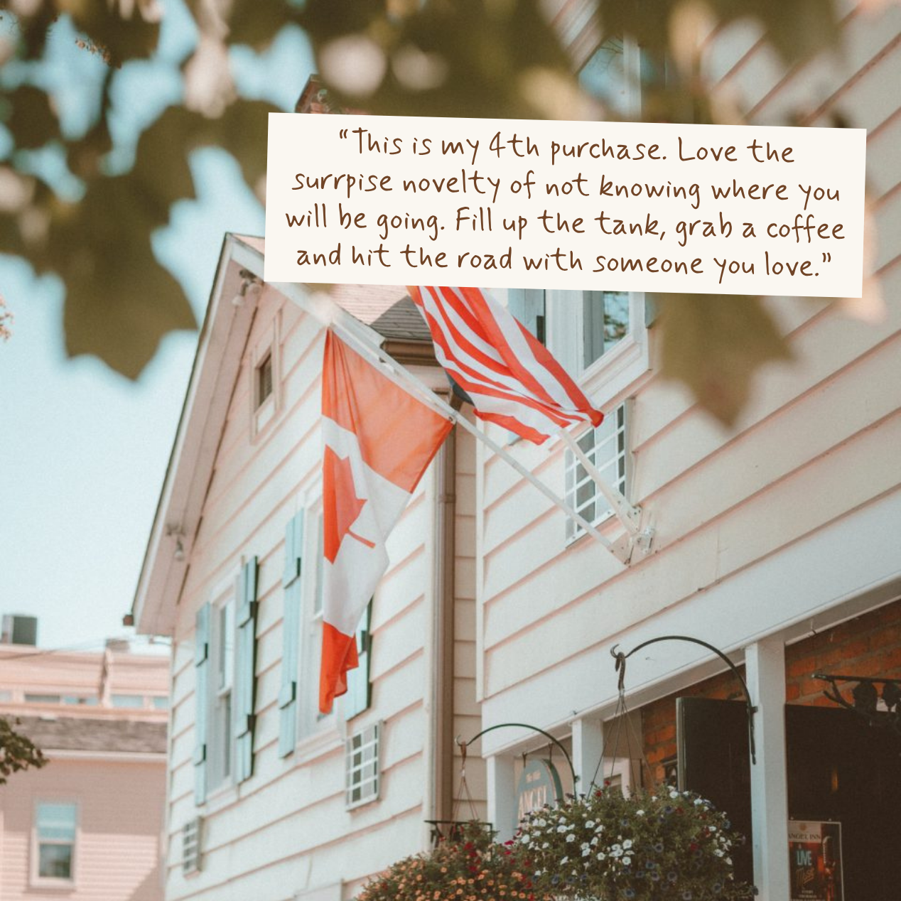 A white text overlay card with a handwritten-style quote reads: 'This is my 4th purchase. Love the surprise novelty of not knowing where you will be going.