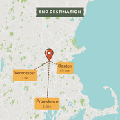 A stylized map graphic showing an end destination in Massachusetts, with a red location pin near Boston. Labels indicate Worcester 1 hr, Boston 45 min, and Providence 1.