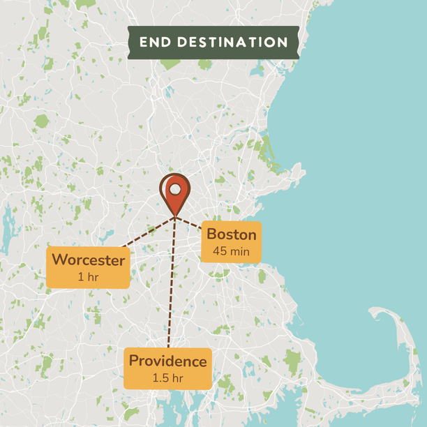 A stylized map graphic showing an end destination in Massachusetts, with a red location pin near Boston. Labels indicate Worcester 1 hr, Boston 45 min, and Providence 1.