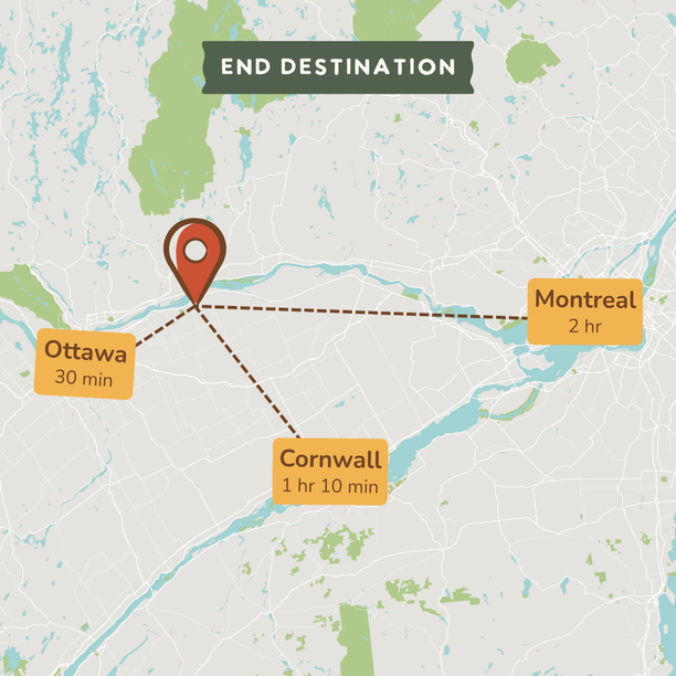 A travel map graphic showing an end destination with a red location pin at the center, dashed route lines to Ottawa (30 min), Cornwall (1 hr 10 min), and Montreal (2 hr), plus a dark green label reading 'END DESTINATION'.