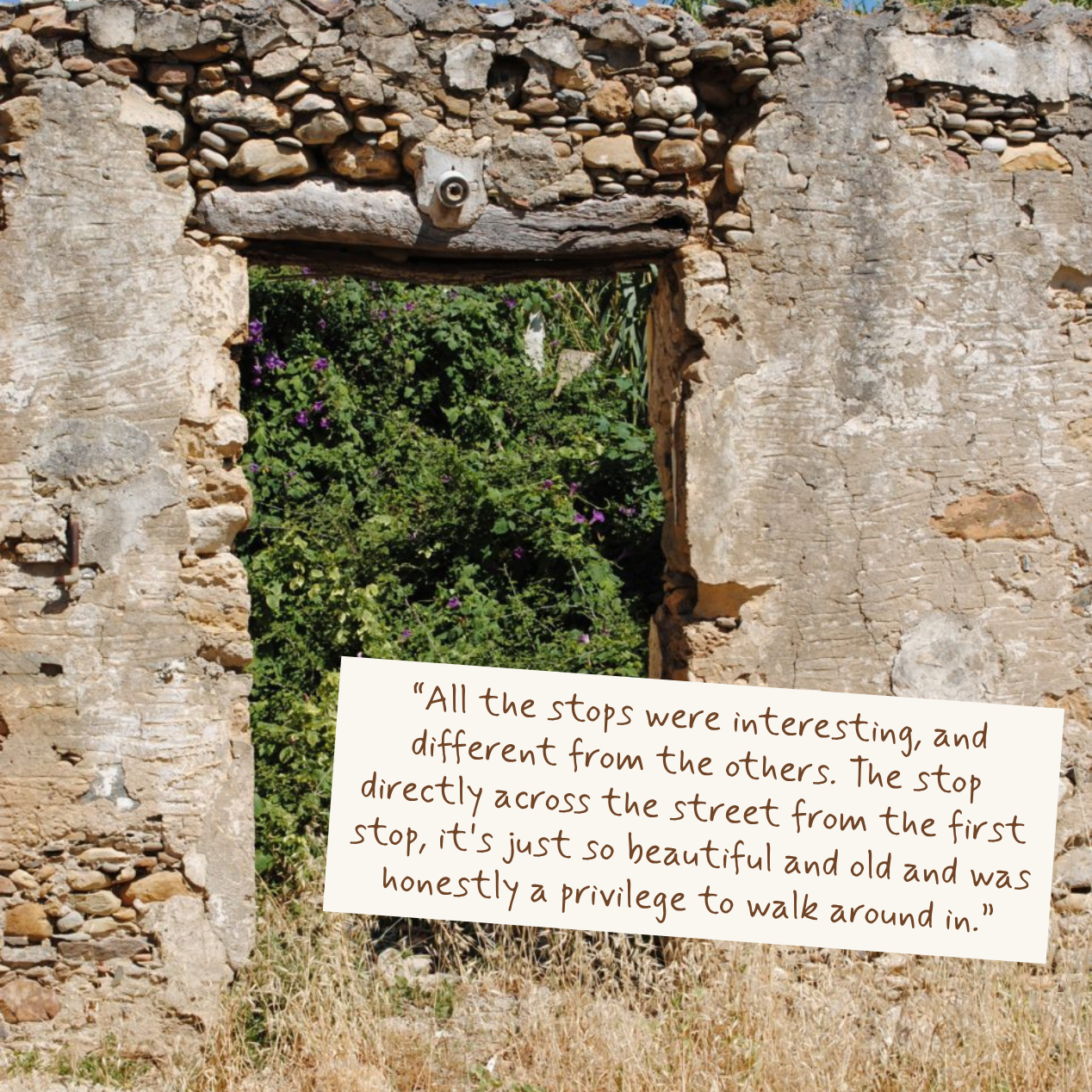A square photo print or card featuring a scenic view of ancient stone ruins with a quote overlaid in a handwritten brown font on a white background.