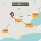 A stylized map graphic with a red location pin and dashed lines pointing to labeled destinations: Toronto 2 hr, Hamilton 1.5 hr, and London 1.