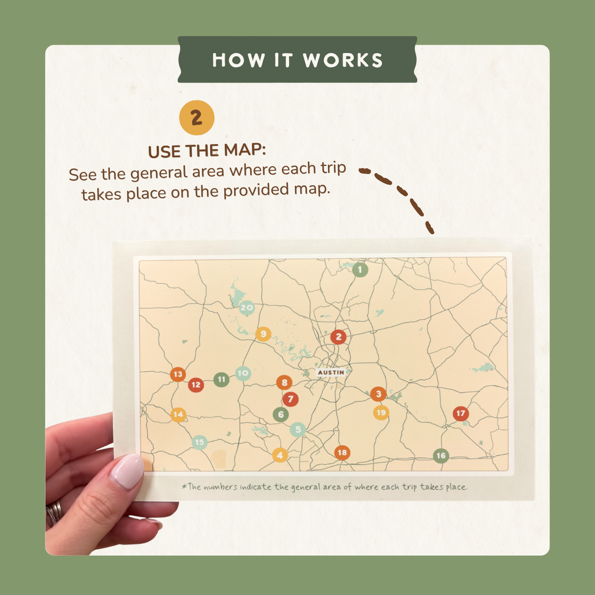 How it works, step 2: use the included Austin-area map to see the general area of each trip.