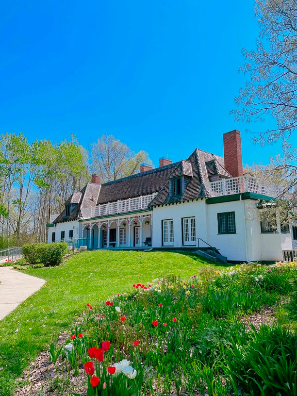Historic white house underneath a vibrant blue sky.