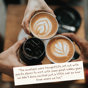 Three coffee drinks held together, two hot with foam designs, one iced coffee.