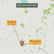 A map-style destination graphic showing a route from Minneapolis to St. Cloud, with a red pin marker at the center, orange labels for each location, and a dark green banner reading 'END DESTINATION'.