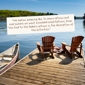 Two wooden Adirondack chairs sit on a wooden dock beside a calm lake, with a small boat at left and a scenic tree-lined shore in the background. A large white text box overlays the upper-middle portion of the scene with a customer review quote.