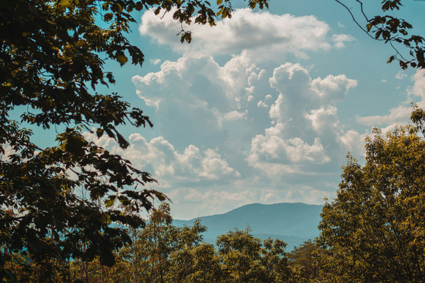 A scenic view of mountains and a clear sky with clouds, framed by trees in the foreground.