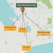 A travel map graphic showing an end destination marked with a red pin and labeled text, with four location callouts: Collingwood (1 hr 45 min), Barrie (1 hr 15 min), Peterborough (2.5 hr), and Toronto (2.