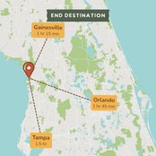 A travel map graphic showing a location pin between Gainesville, Orlando, and Tampa, with labeled travel times. The map background is light gray with green and blue areas, and labels read 'END DESTINATION,' 'Gainesville 1 hr 15 min,' 'Orlando 1 hr 45 min,' and 'Tampa 1.