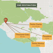 A map-style destination graphic showing a red location pin connected by dashed lines to labeled neighborhoods: Santa Clarita, Thousand Oaks, Pasadena, and Santa Monica, with travel times underneath each label.