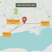 A travel map graphic showing an end destination with a red location pin over water. Labels indicate Peterborough 50 min, Kingston 1.