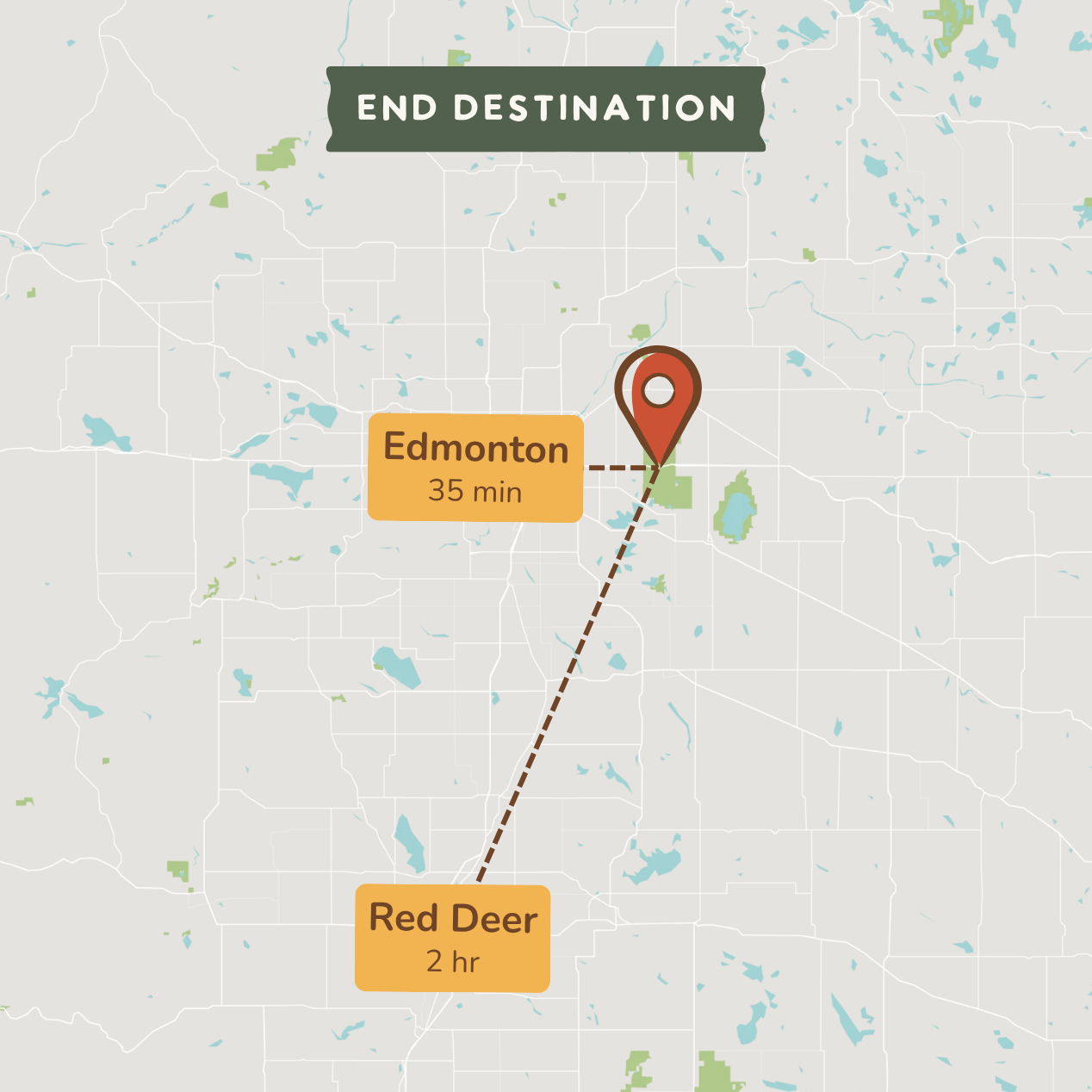 A stylized map graphic showing an end destination from Red Deer to Edmonton, with a location pin marker and travel time labels: Edmonton 35 min and Red Deer 2 hr.