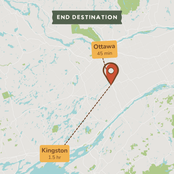 A map-style destination graphic showing Kingston and Ottawa with travel time labels, labeled 'END DESTINATION' at the top, on a pale gray and green map background.