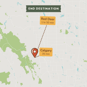 A map-style destination graphic showing Calgary with a red pin marker and a dashed line pointing to Red Deer, with text labels 'END DESTINATION', 'Calgary 35 min', and 'Red Deer 1 hr 50 min'.