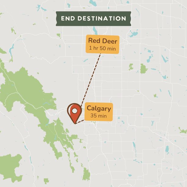 A map-style destination graphic showing Calgary with a red pin marker and a dashed line pointing to Red Deer, with text labels 'END DESTINATION', 'Calgary 35 min', and 'Red Deer 1 hr 50 min'.