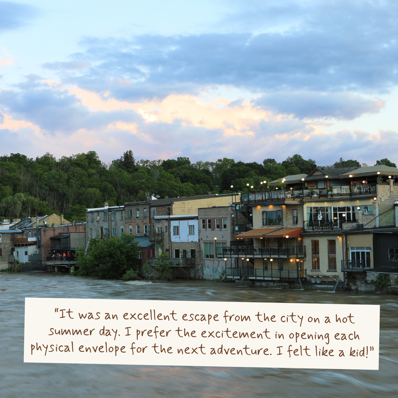A scenic photograph of waterfront buildings along a river under a cloudy sky, with a large overlaid quote box containing handwritten-style text.