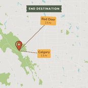 A map-style destination graphic showing a red pin near the west coast of Vancouver Island, with dashed lines pointing to two labeled locations: Red Deer at 2.5 hr and Calgary at 1.