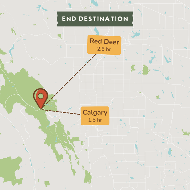 A map-style destination graphic showing a red pin near the west coast of Vancouver Island, with dashed lines pointing to two labeled locations: Red Deer at 2.5 hr and Calgary at 1.