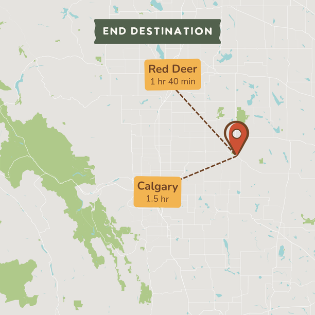 A map-style destination graphic showing a red pin marker labeled 'Red Deer 1 hr 40 min' and a city label 'Calgary 1.5 hr' connected by dashed lines under a dark green banner reading 'END DESTINATION'.